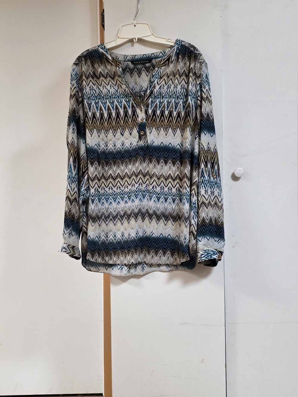 Zac & Rachel Chevron V-Neck Blouse in Teal and Brown Stripes